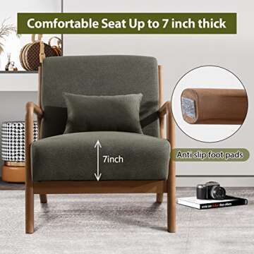 INZOY Mid Century Modern Accent Chair with Wood Frame, Upholstered Living Room Chairs with Waist Cushion, Reading Armchair for Bedroom Sunroom (Green)