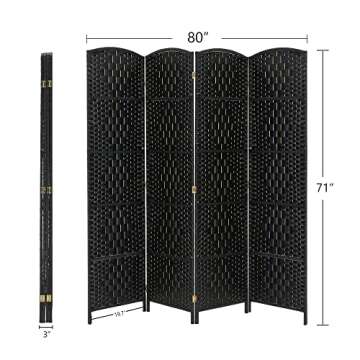 Spurgehom 4 Panel Room Divider Folding Wall Divider 6Ft Privacy Screen Indoor Portable Woven Partitions and Dividers Freestanding, Diamond Double-Weaved for Home, No Installation Required (Black)