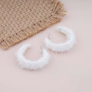 TseanYi Faux Fur Hoop Earrings White Furry Round Hoop Earrings Faux Furry Open Hoop Earrings Velvet C Shape Earrings Funny Statement Earrings Jewelry for Women