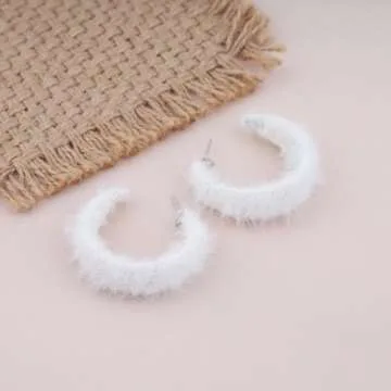 TseanYi Faux Fur Hoop Earrings White Furry Round Hoop Earrings Faux Furry Open Hoop Earrings Velvet C Shape Earrings Funny Statement Earrings Jewelry for Women