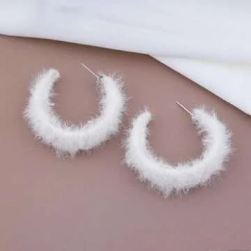 TseanYi Faux Fur Hoop Earrings White Furry Round Hoop Earrings Faux Furry Open Hoop Earrings Velvet C Shape Earrings Funny Statement Earrings Jewelry for Women