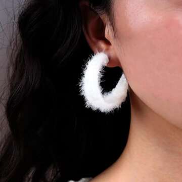 TseanYi Faux Fur Hoop Earrings White Furry Round Hoop Earrings Faux Furry Open Hoop Earrings Velvet C Shape Earrings Funny Statement Earrings Jewelry for Women