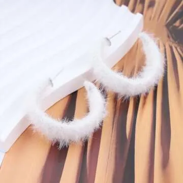TseanYi Faux Fur Hoop Earrings White Furry Round Hoop Earrings Faux Furry Open Hoop Earrings Velvet C Shape Earrings Funny Statement Earrings Jewelry for Women