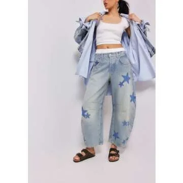 Star Printed Barrel Jeans for Women Y2k Wide Leg Baggy Boyfriend Jeans Vintage Mid Rise Denim Pants Horseshoe Jeans Blue