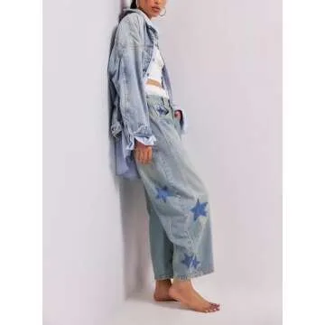 Star Printed Barrel Jeans for Women Y2k Wide Leg Baggy Boyfriend Jeans Vintage Mid Rise Denim Pants Horseshoe Jeans Blue