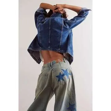 Star Printed Barrel Jeans for Women Y2k Wide Leg Baggy Boyfriend Jeans Vintage Mid Rise Denim Pants Horseshoe Jeans Blue