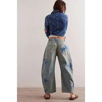 Star Printed Barrel Jeans for Women Y2k Wide Leg Baggy Boyfriend Jeans Vintage Mid Rise Denim Pants Horseshoe Jeans Blue