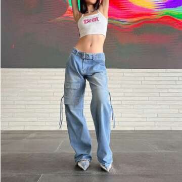 LONGBIDA Baggy Jeans for Women High Waisted Y2K Stretch Wide Leg Straight Jeans Casual Boyfriend Denim Pants