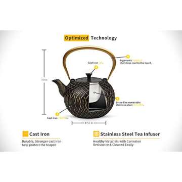 Tea Kettle, Toptier Japanese Tetsubin Cast Iron Teapot with Infuser for Loose Tea, Teapot Stovetop Safe, 34 Ounce (1000 ml), Black Melody
