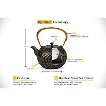 Tea Kettle, Toptier Japanese Tetsubin Cast Iron Teapot with Infuser for Loose Tea, Teapot Stovetop Safe, 34 Ounce (1000 ml), Black Melody