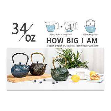 Tea Kettle, Toptier Japanese Tetsubin Cast Iron Teapot with Infuser for Loose Tea, Teapot Stovetop Safe, 34 Ounce (1000 ml), Black Melody