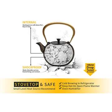 Tea Kettle, Toptier Japanese Tetsubin Cast Iron Teapot with Infuser for Loose Tea, Teapot Stovetop Safe, 34 Ounce (1000 ml), Black Melody