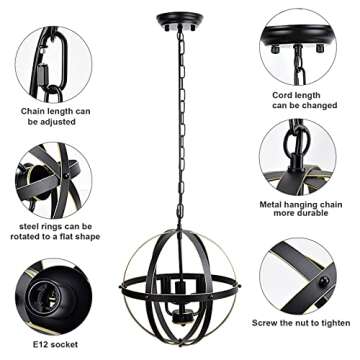 DLLT Chandelier Farmhouse Hanging Lighting, 3 Lights Globe Ceiling Light Fixture, Metal Swag Pendant Lighting for Kitchen, Dining Room, Living Room, Hallway, Bedroom, Entryway, E12 Base Gold
