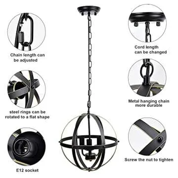 DLLT Chandelier Farmhouse Hanging Lighting, 3 Lights Globe Ceiling Light Fixture, Metal Swag Pendant Lighting for Kitchen, Dining Room, Living Room, Hallway, Bedroom, Entryway, E12 Base Gold