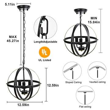 DLLT Chandelier Farmhouse Hanging Lighting, 3 Lights Globe Ceiling Light Fixture, Metal Swag Pendant Lighting for Kitchen, Dining Room, Living Room, Hallway, Bedroom, Entryway, E12 Base Gold