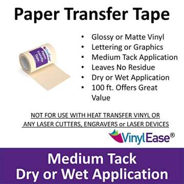 Vinyl Ease 6 inch x 100 feet roll of Paper Transfer Tape with a Medium to High Tack Layflat Adhesive. Works with a Variety of Vinyl. Great for Decals, Signs, Wall Words and More. American Made V0820