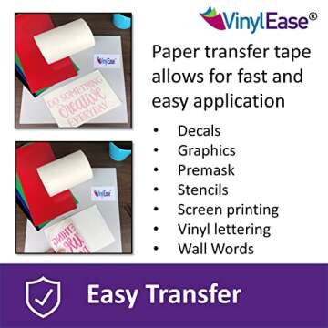 Vinyl Ease 6 inch x 100 feet roll of Paper Transfer Tape with a Medium to High Tack Layflat Adhesive. Works with a Variety of Vinyl. Great for Decals, Signs, Wall Words and More. American Made V0820