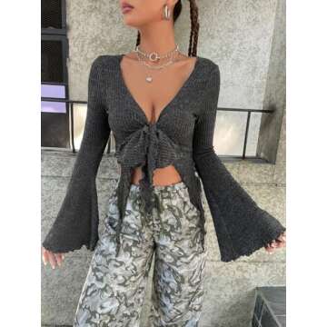 SOLY HUX Women's Long Bell Sleeve Crop Top - Stylish & Comfortable