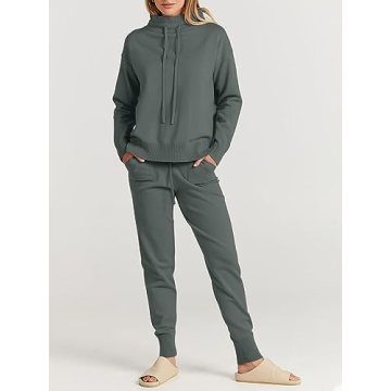 ANRABESS Women Two Piece Outfits Turtleneck Pullover Top Cozy Knit Sweater Pants Lounge Set 2024 Fall Sweatsuit Sweatsuits Gray Large