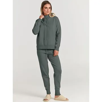 ANRABESS Women Two Piece Outfits Turtleneck Pullover Top Cozy Knit Sweater Pants Lounge Set 2024 Fall Sweatsuit Sweatsuits Gray Large