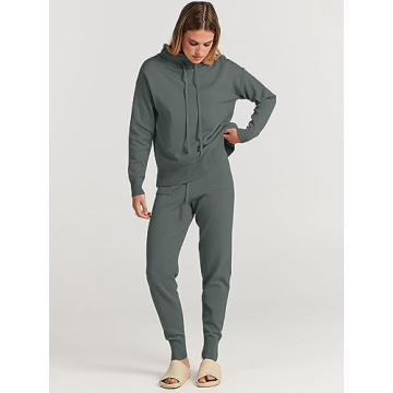 ANRABESS Women Two Piece Outfits Turtleneck Pullover Top Cozy Knit Sweater Pants Lounge Set 2024 Fall Sweatsuit Sweatsuits Gray Large