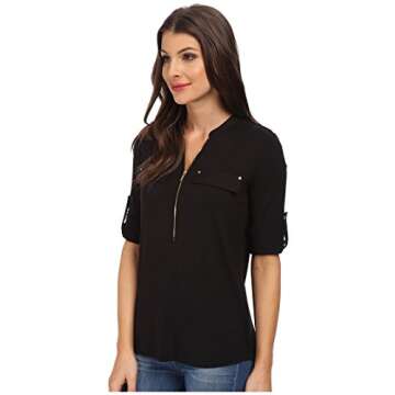 Calvin Klein Women's Modern Essential Zip Front Roll Sleeve Blouse, Black, X-Small
