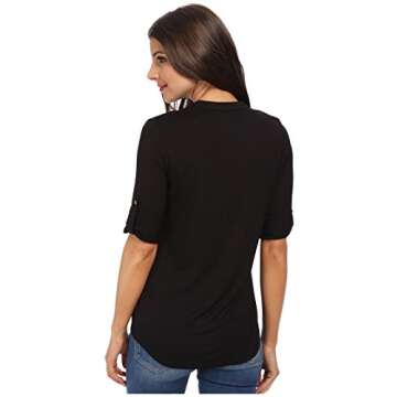 Calvin Klein Women's Modern Essential Zip Front Roll Sleeve Blouse, Black, X-Small