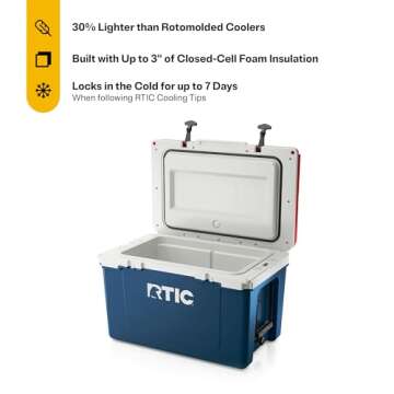 RTIC Ultra-Light 52 Quart Hard Cooler Insulated Portable Ice Chest Box for Beach, Drink, Beverage, Camping, Picnic, Fishing, Boat, Barbecue, 30% Lighter Than Rotomolded Coolers, Patriot