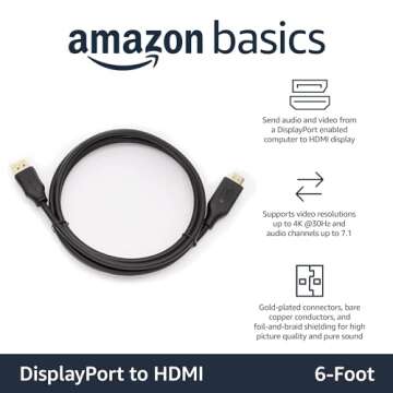 Amazon Basics DisplayPort to HDMI Display Cable, Uni-Directional, 4k@30Hz, 1920x1200, 1080p, Gold-Pl...