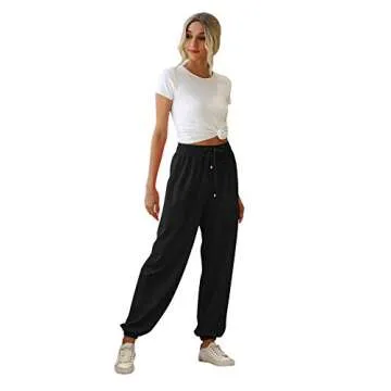Womens Joggers with Pockets Cinch Bottom Sweatpants High Waist Sporty Gym Athletic Fit Pants Lounge Trousers Black S
