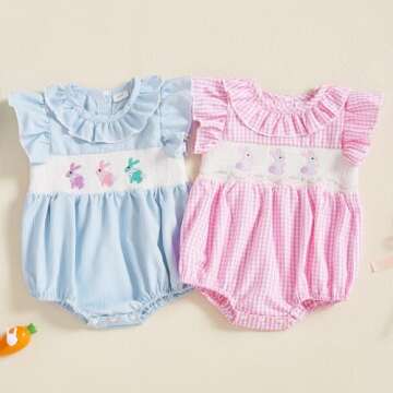 Filgriox Newborn Baby Girl Smocked Romper Embroidery Peter Pan Collar Ruffle Sleeve Bubble Bodysuit ...