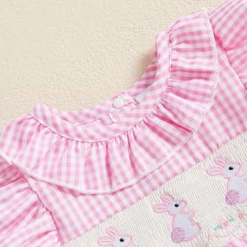Filgriox Newborn Baby Girl Smocked Romper Embroidery Peter Pan Collar Ruffle Sleeve Bubble Bodysuit Summer Outfit (Pink, 12-18 Months)