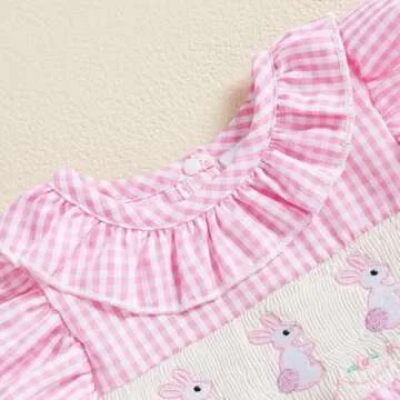 Filgriox Newborn Baby Girl Smocked Romper Embroidery Peter Pan Collar Ruffle Sleeve Bubble Bodysuit Summer Outfit (Pink, 12-18 Months)