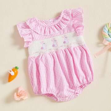 Filgriox Newborn Baby Girl Smocked Romper Embroidery Peter Pan Collar Ruffle Sleeve Bubble Bodysuit Summer Outfit (Pink, 12-18 Months)