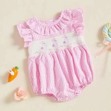 Filgriox Newborn Baby Girl Smocked Romper Embroidery Peter Pan Collar Ruffle Sleeve Bubble Bodysuit Summer Outfit (Pink, 12-18 Months)