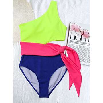 Women's One Piece Swimsuit One Shoulder Cut Out One Piece Bathing Suit for Women Ribbed Color Block Swimsuit Tie Side Bathing Suit Tummy Control Monokini Sexy Swimwear XL