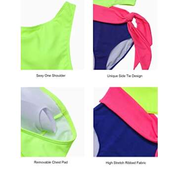 Women's One Piece Swimsuit One Shoulder Cut Out One Piece Bathing Suit for Women Ribbed Color Block Swimsuit Tie Side Bathing Suit Tummy Control Monokini Sexy Swimwear XL