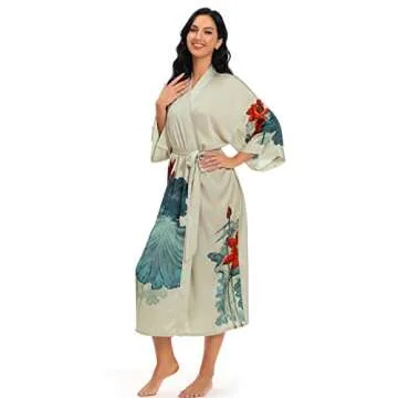 Women's Long Satin Robe Floral Kimono Style Dressing Gown