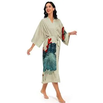Women's Long Satin Robe Floral Kimono Style Dressing Gown