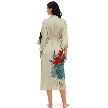 Women's Long Satin Robe Floral Kimono Style Dressing Gown
