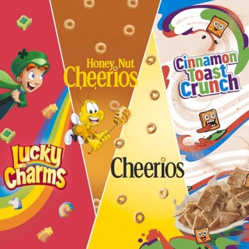 General Mills Breakfast Cereal Variety Pack, Lucky Charms, Cinnamon Toast Crunch, and Cheerios Varieties, Single Serve Snacks, 9.14 oz (8 Pouches)