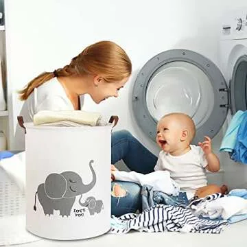 CLOCOR Collapsible Round Storage Bin – Cute Love Elephant Design for Kids