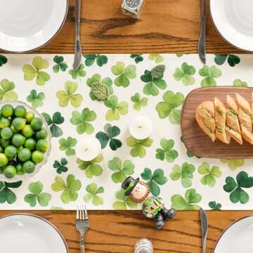 Shamrock St. Patrick's Day Table Runner, Seasonal Spring Lucky Kitchen Dining Table Decoration for H...