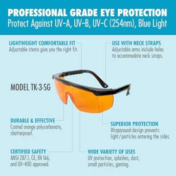 Professional UV Light Safety Glasses - Polycarbonate Shatterproof UVC Protection Goggles for Blocking up to UV 400 Rays and Blue Light - ANSI Z87.1 Approved with Yellow Tint Lens - Regular Fit