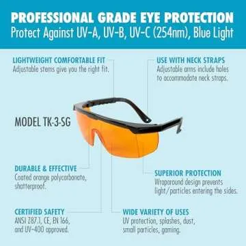 Professional UV Light Safety Glasses - Polycarbonate Shatterproof UVC Protection Goggles for Blocking up to UV 400 Rays and Blue Light - ANSI Z87.1 Approved with Yellow Tint Lens - Regular Fit