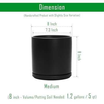 D'vine Dev 8 Inch Ceramic Planter Pot with Drainage Hole and Saucer, Indoor Cylinder Round Planter Pot, Black, 94-O-D-2