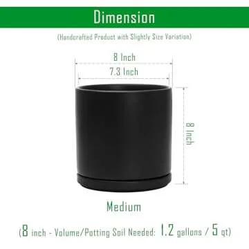 D'vine Dev 8 Inch Ceramic Planter Pot with Drainage Hole and Saucer, Indoor Cylinder Round Planter Pot, Black, 94-O-D-2