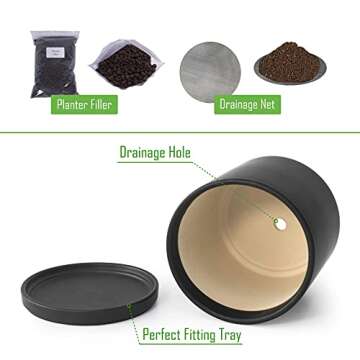 D'vine Dev 8 Inch Ceramic Planter Pot with Drainage Hole and Saucer, Indoor Cylinder Round Planter Pot, Black, 94-O-D-2
