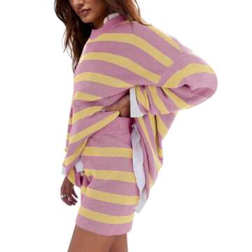 LAMISSCHE Womens Oversized Lounge Sets 2 Piece Outfits Striped Matching Pajama Set Long Sleeve Sweat...
