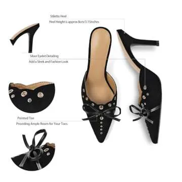 DOEYG Studded Heeled Mules for Women Suede Vintage Stiletto Heels Pointy Slip on Bow Tie Pumps Shoes Backless Mid Heels Dress Party Slide Heeled Sandals for Women